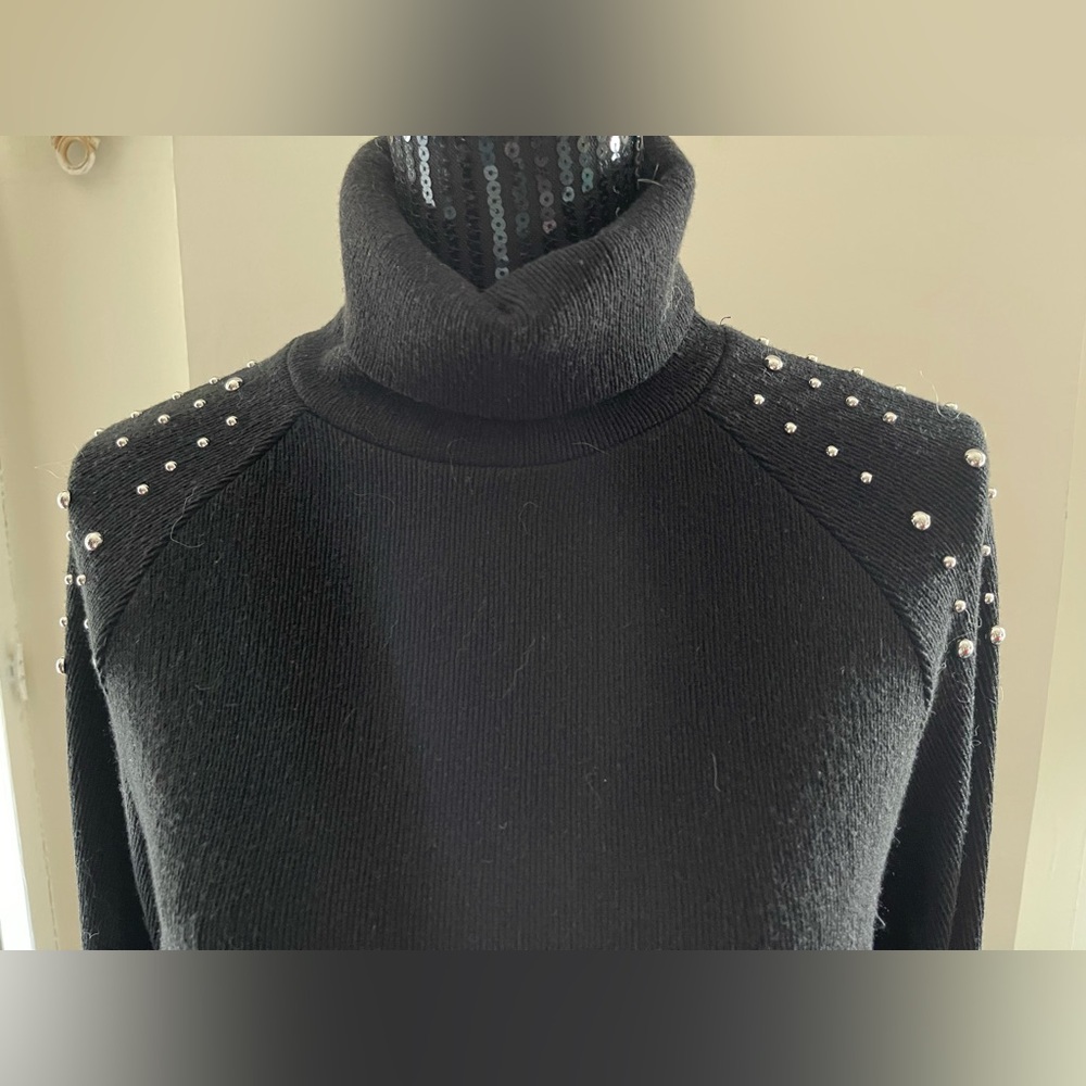 Zara Black Turtleneck Sweater with Studded Drop Shoulders Size Medium - Picture 2 of 12